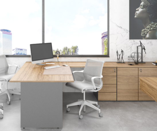 MESA EXECUTIVA COM RISCA-RABISCA EM COURO COM GAVETEIRO PEDESTAL E ARMÁRIO CREDENZA