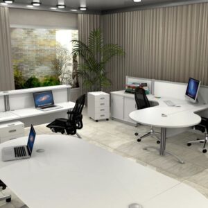 ESPAÇO COM MESA DE REUNIÃO OVAL, BALCÃO DE RECEPÇÃO COM ATENDIMENTO E MESA EM L COM ANEXO GOTA E CONEXÃO GOTA